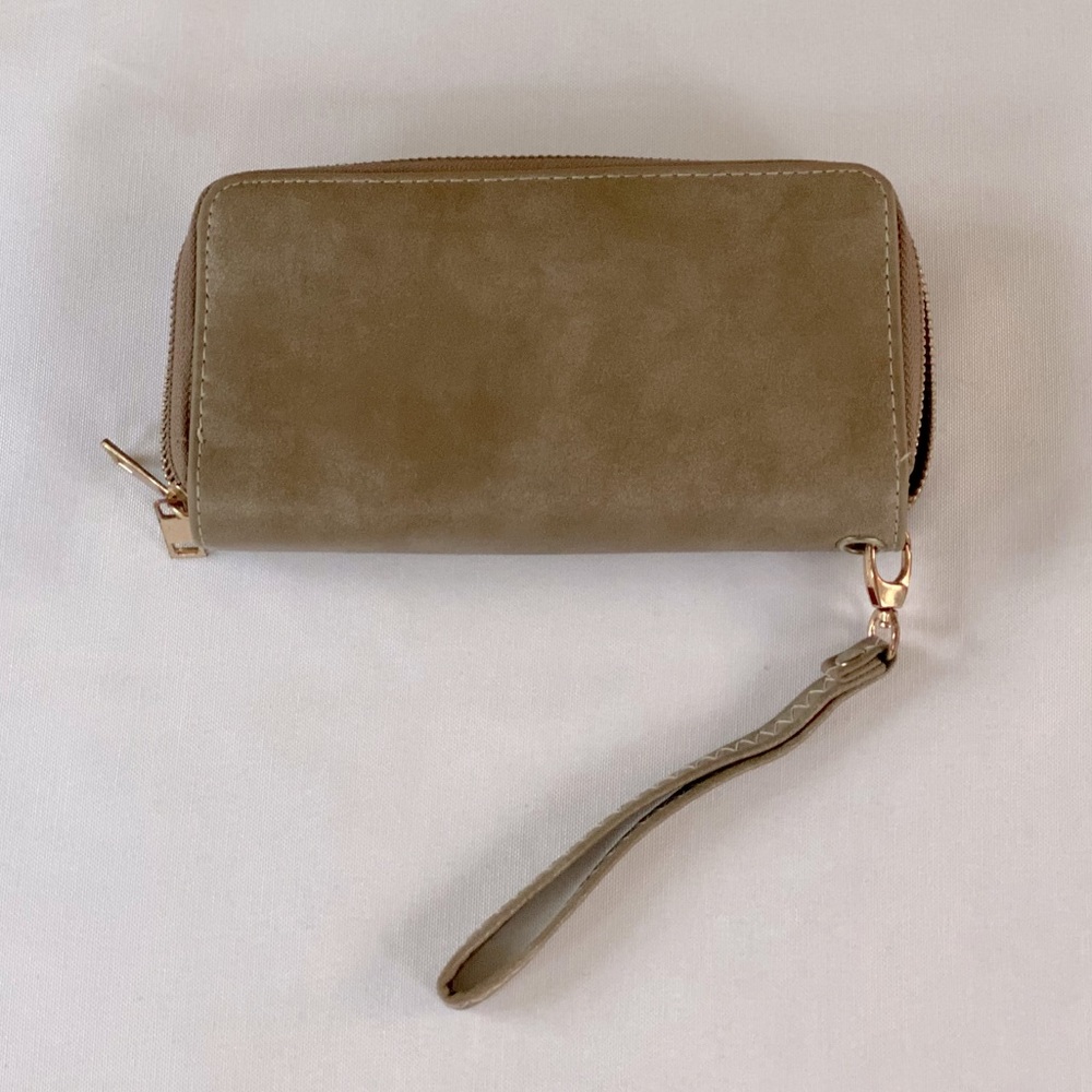 Tan suede double zipper wallet clutch